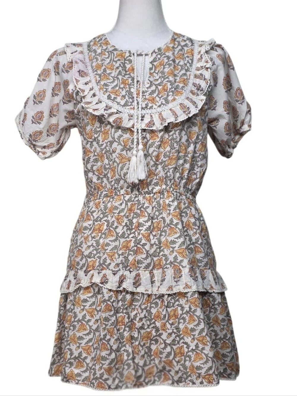 dRA Floral Mini Dress Multicolor, Crram, Yellow, Orange Green, 100% Cotton, Sz S